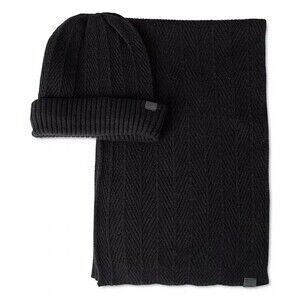 KENNETH COLE REACTION Mens Beanie Hat Scarf Set Herringbone Knit Logo Giftable